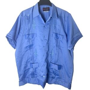Guayabera Finas Copacabana Shirt Men's 46 Blue Satin Short Sleeve D'Mejia